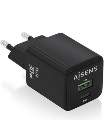 Aisens cargador gan de pared asch-30w2p038-bk- 30w- 1xusb- 1xusb-c - negro
