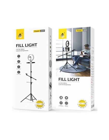 One+ anillo luz led 26cm + tripode con 3 soportes movil + 1 microfono 3 modos de luz- 26w- negro