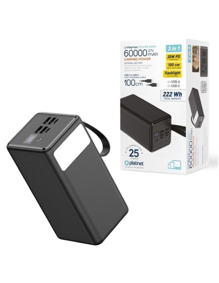 Platinet powerbank 60.000mah 20w pd + cable usb-c 1m + linterna pmpb6020
