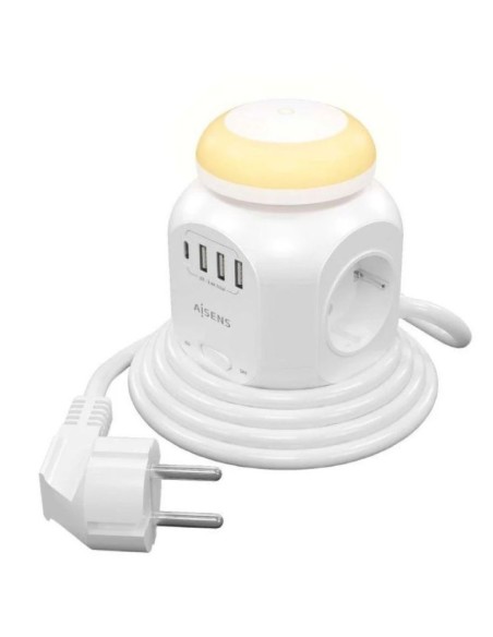 Aisens regleta 4 tomas con interruptor y luz nocturna - blanco 4 tomas de corriente- 3 usb tipo-c- 2 usb- cable 1.8m